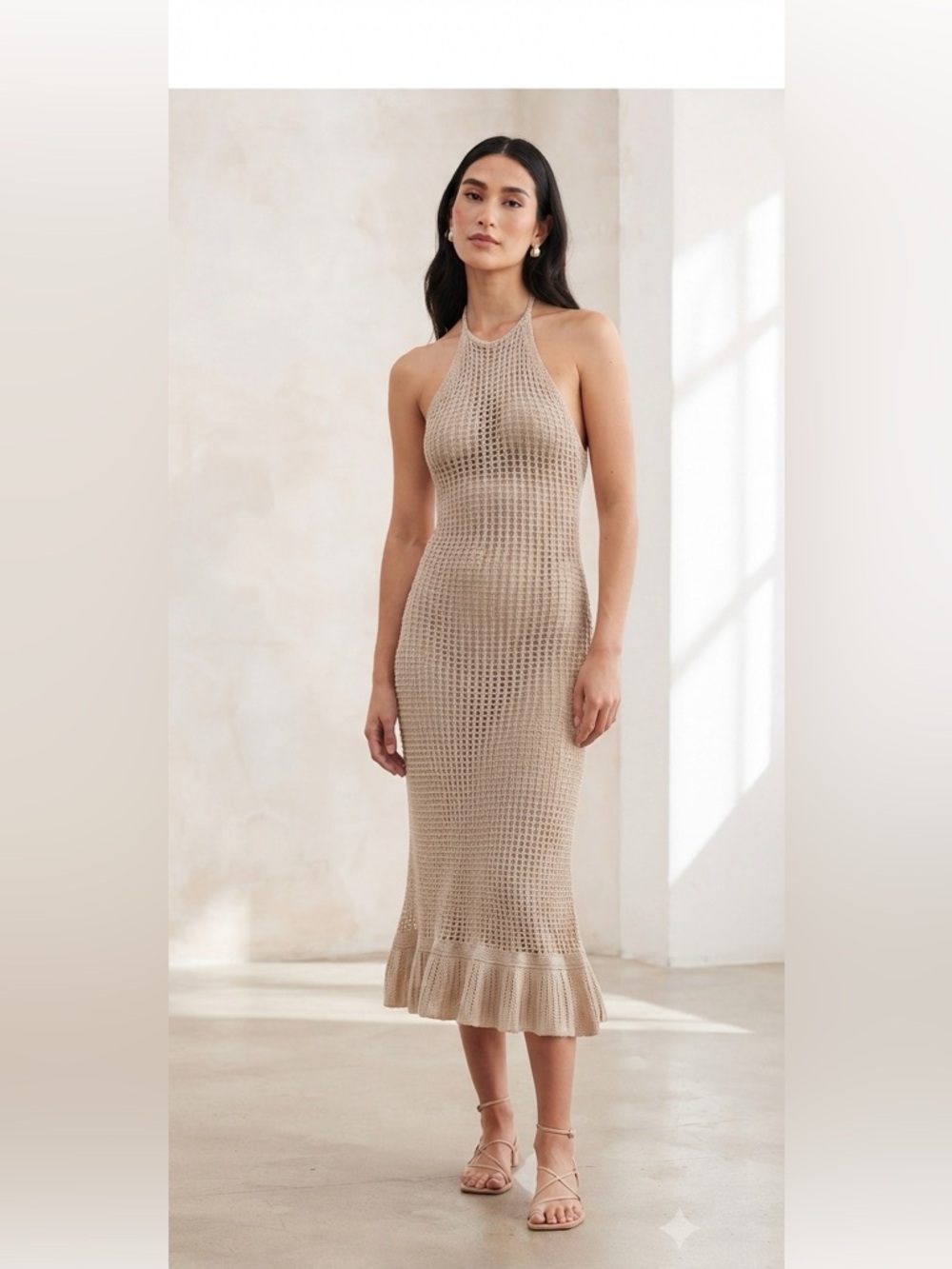 stradivarius Beige Halter Crochet Midi Dress